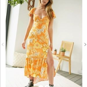 UO Siren Orange Floral Strappy Back Midi Dress